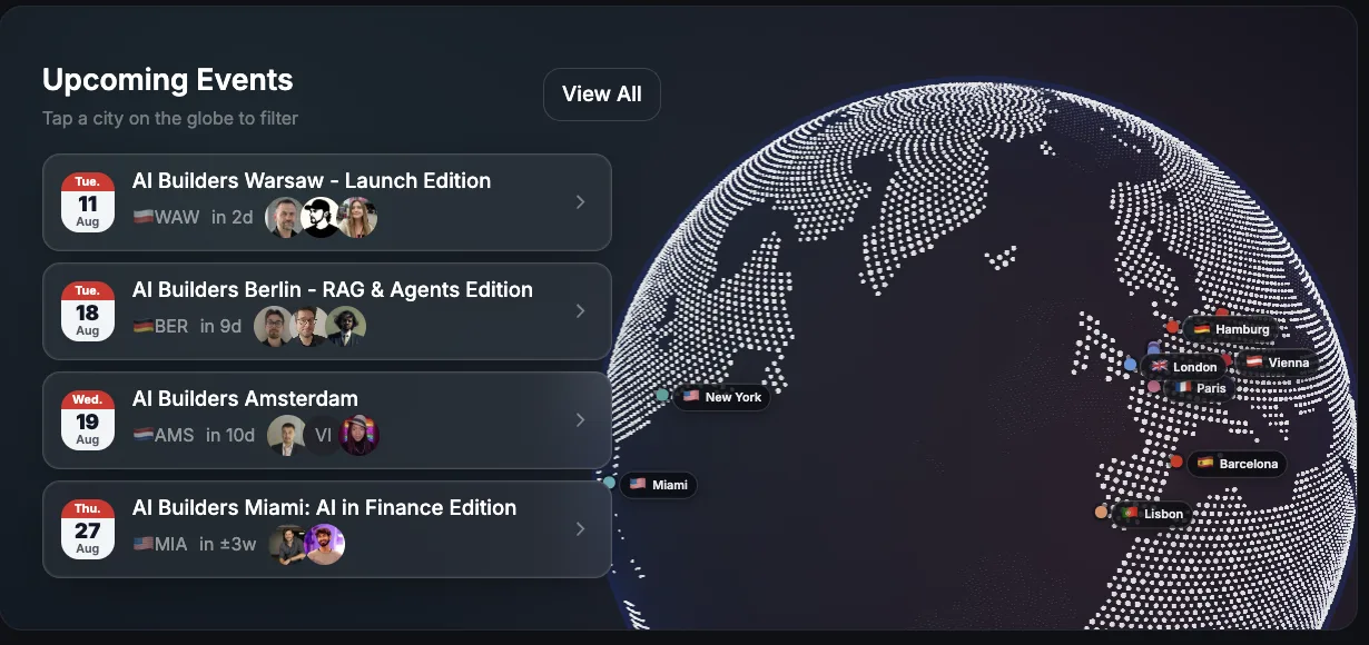 Screenshot of AI Builders Hub: a list of upcoming AI Builders events in Warsaw, Berlin, Amsterdam and Miami beside a globe showing the cities with communities.